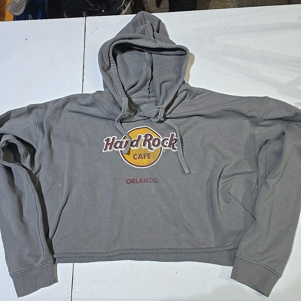 Hard Rock Cafe Gray Cropped Hoodie Orlando‎ Logo Pullover Women's Medium M